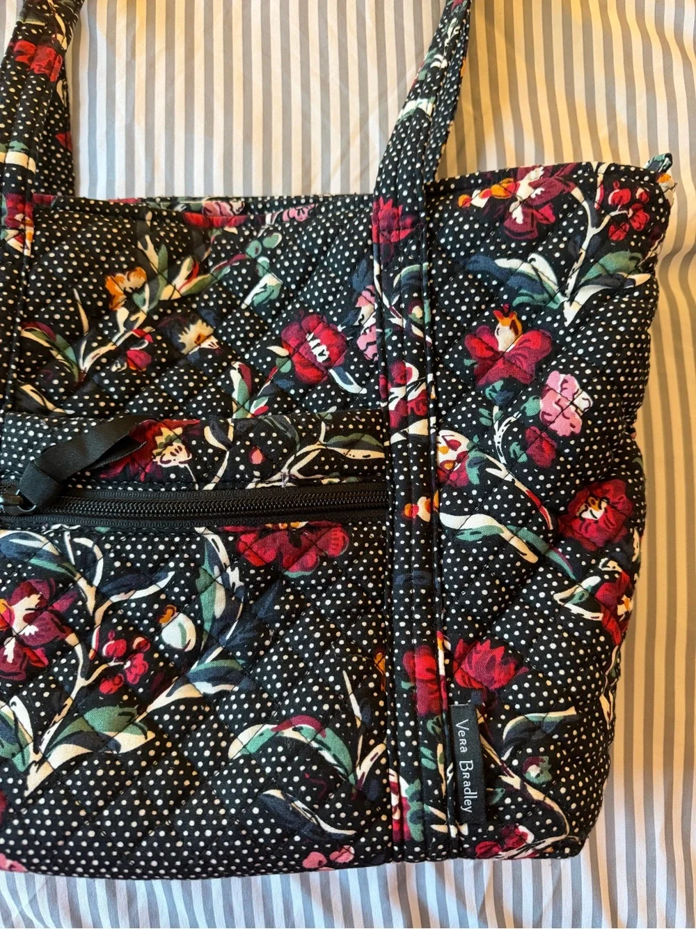 Vera Bradley Floral Black Quilted Small Tote Bag - Perennials Noir Dot pattern